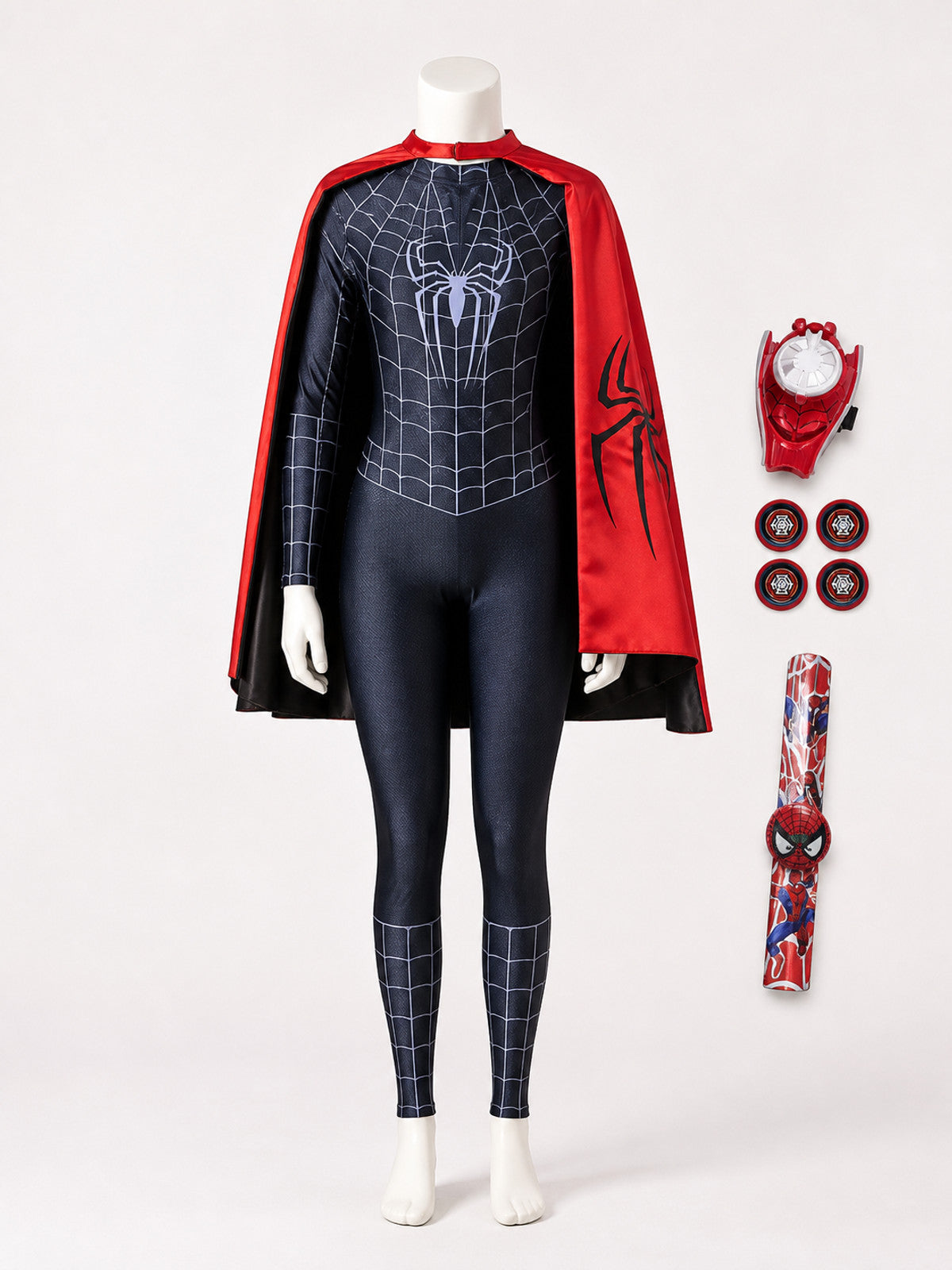 Kids' Black Spider-Themed Full-Body Bodysuit Costume With Cape And Web Shooter on-model view