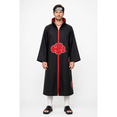Uchiha Itachi Akatsuki Cosplay Costume – Black Red Cloud Cloak with Forehead Protector, Ring & Necklace