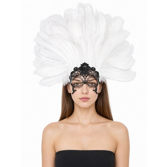 Masquerade Lace Eye Mask with White Feathers