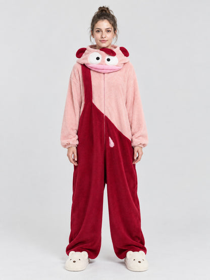 Pink and Burgundy Fleece Hooded Pajama Jumpsuit