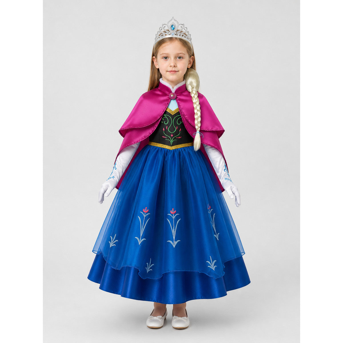 Elsa Princess Costume for Girls with Cape and Crown on-model view