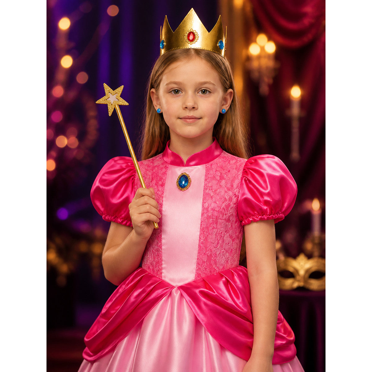 Kids Princess Costume Set With Pink Lace Ruffle Ball Gown, Crown And Star Magic on-model view