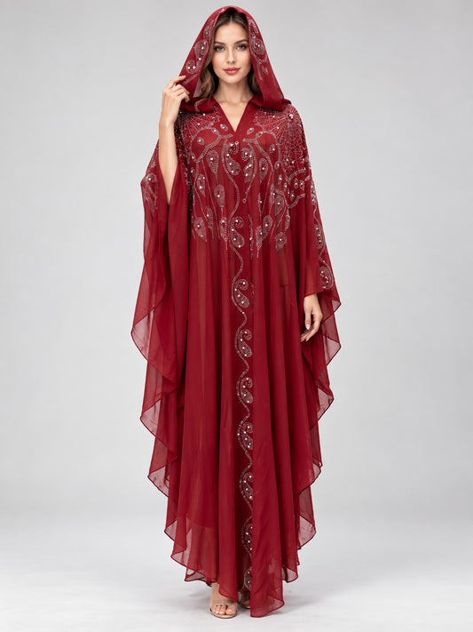 Long burgundy-red semi-sheer hooded cape