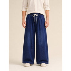 Wide-leg dark navy pants with drawstring