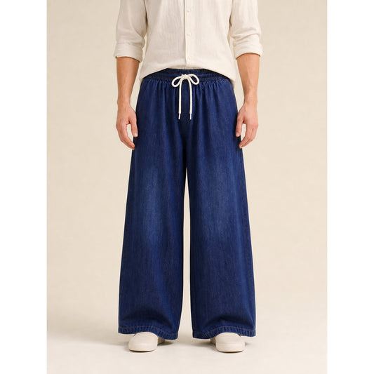 Wide-leg dark navy pants with drawstring