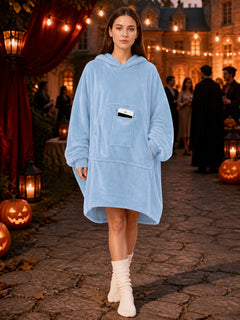 Sky Blue Hooded Long Coat with Asymmetric Hem, Large Front Pockets, Loose Long