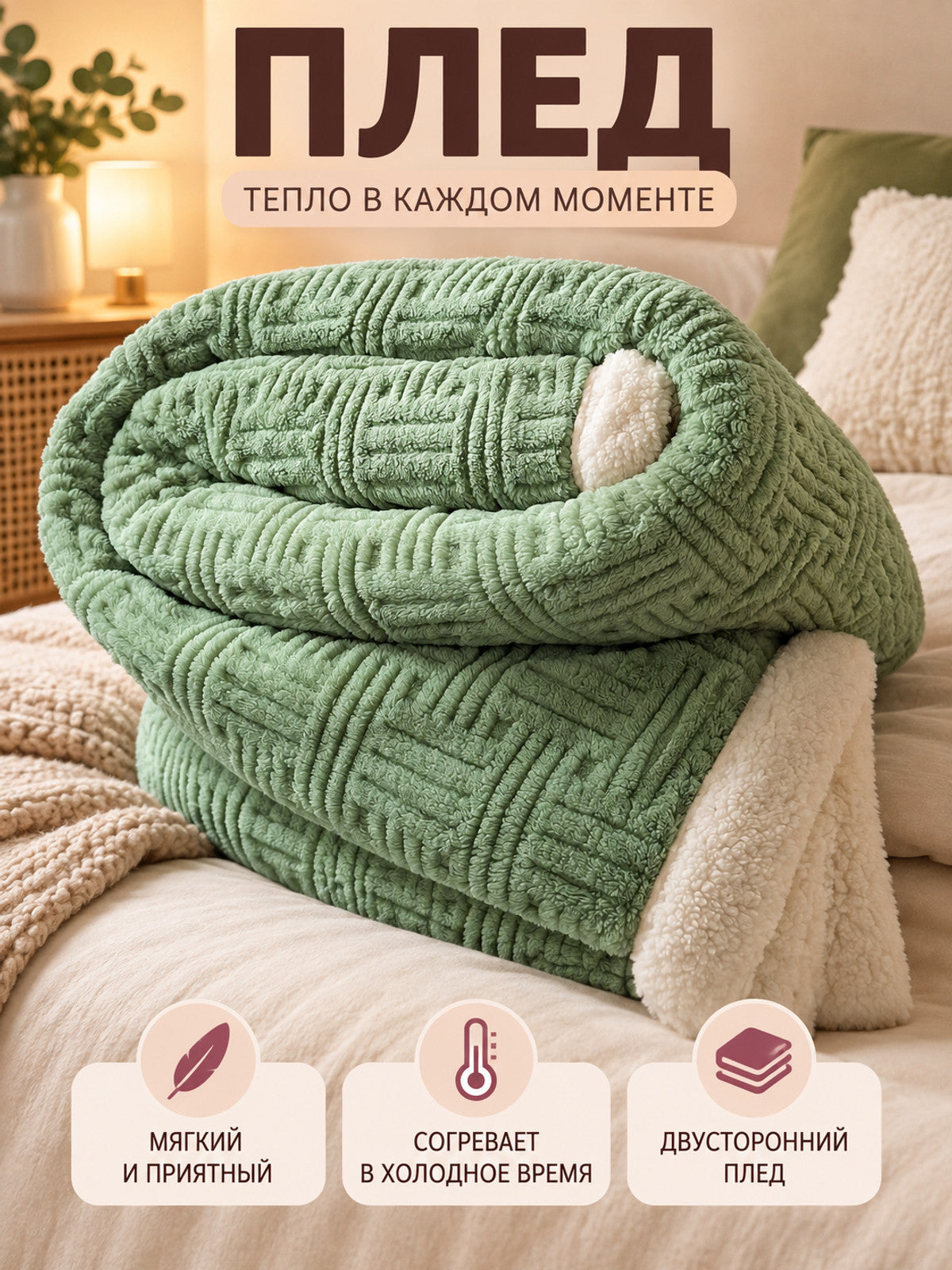 Double-Sided Thick Blanket with Geometric Pattern, Green