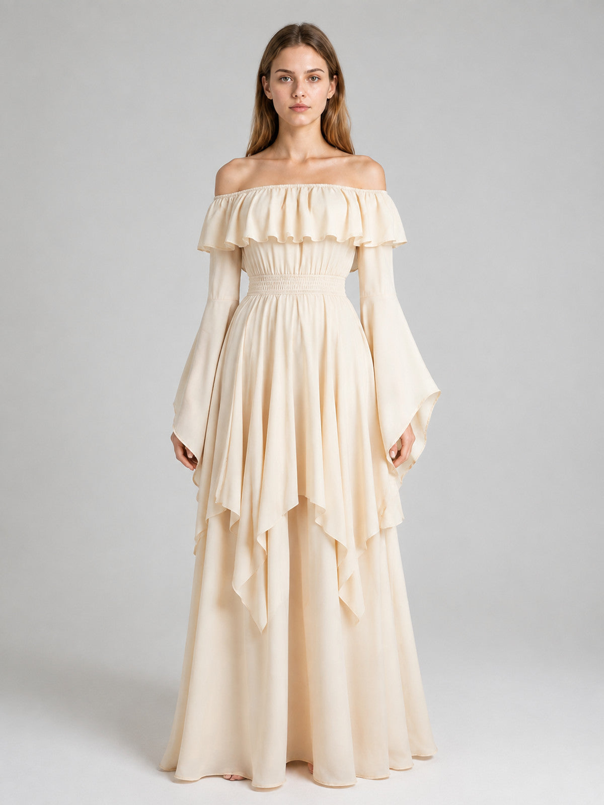 A-Line Dress with Off-the-Shoulder Neckline and Ruffle on-model view