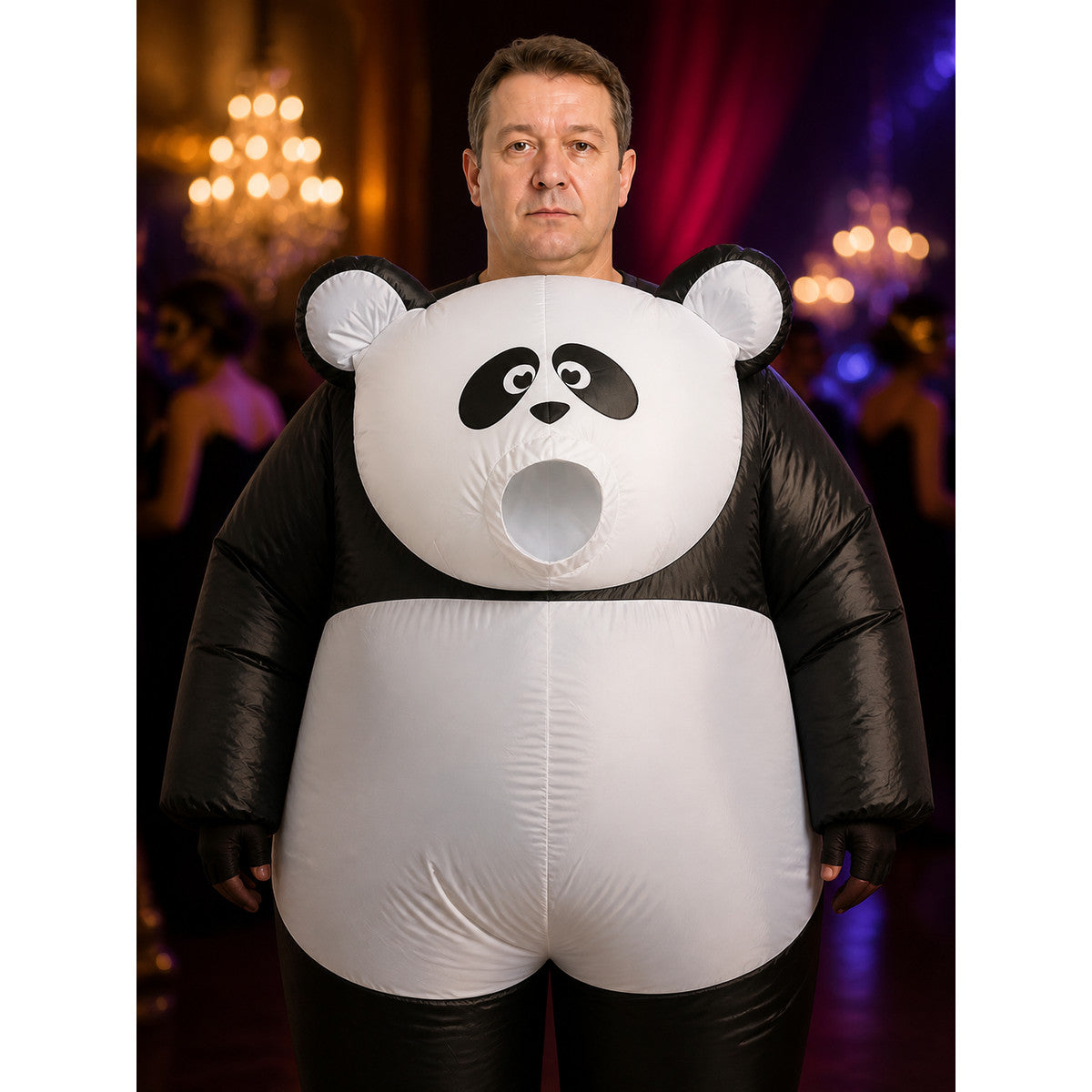 Panda Costume Bodysuit, Black and White Plush Onesie for Halloween and Christmas on-model view