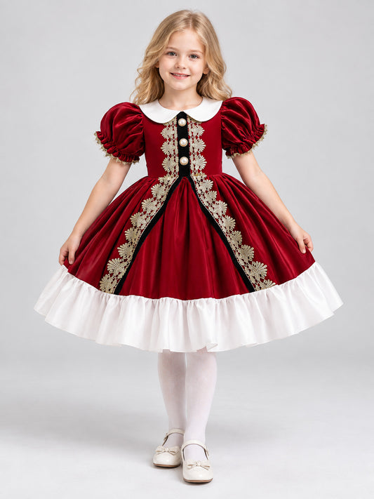 Girls' burgundy Christmas holiday dress with white collar and gold lace, front view
