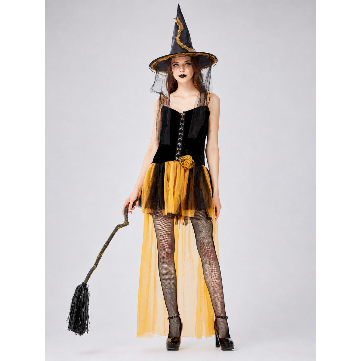 Black and Yellow Witch Costume Dress with Layered Skirt