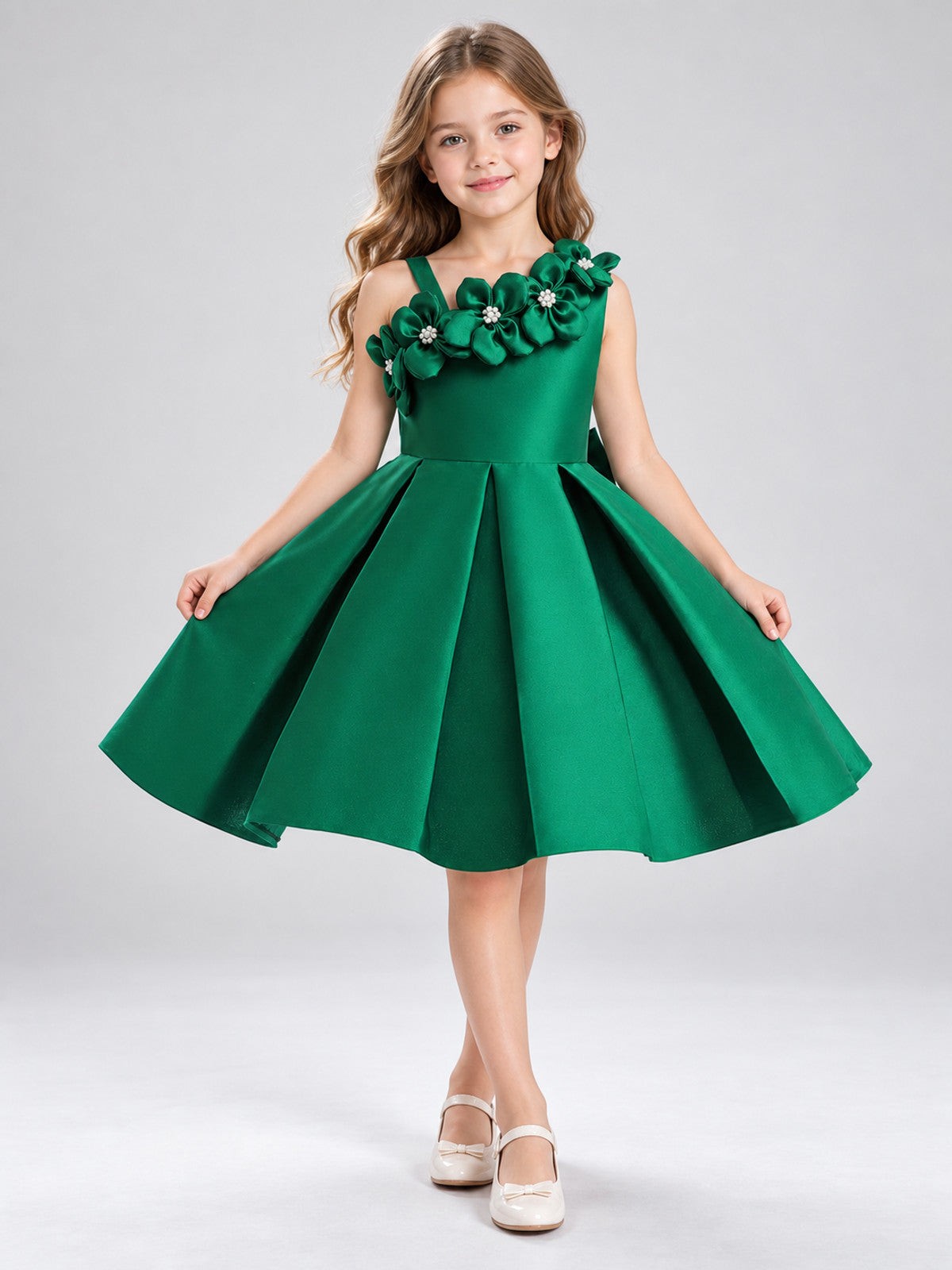 Dark Green Dress with Floral Appliqués on-model view