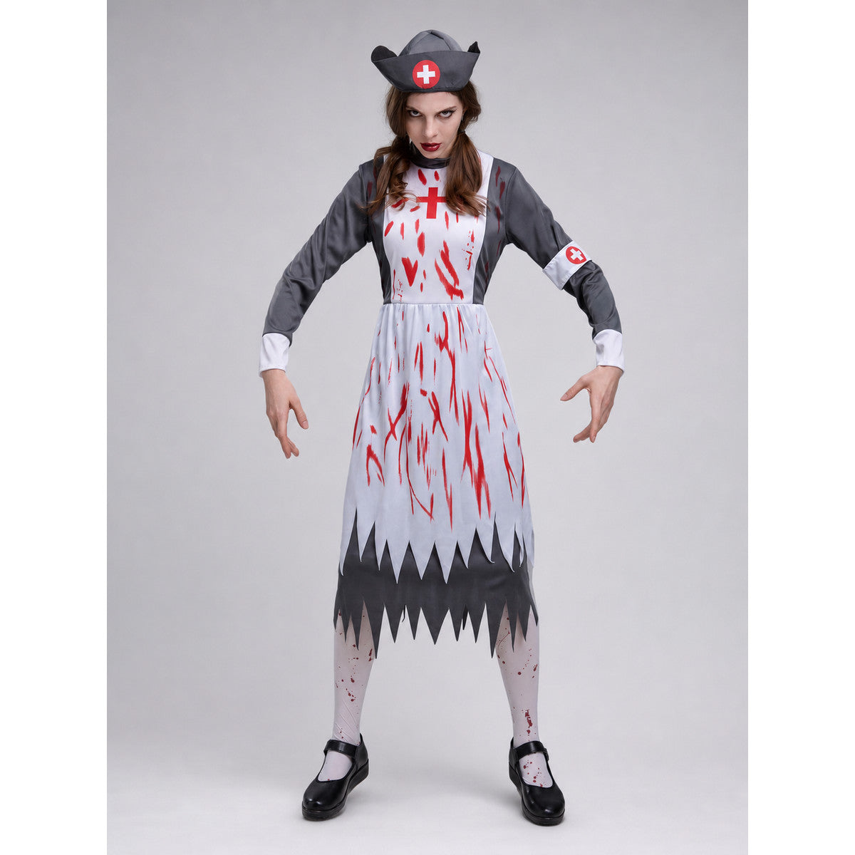 Nurse Costume with Red Crosses and Blood-Like Prints