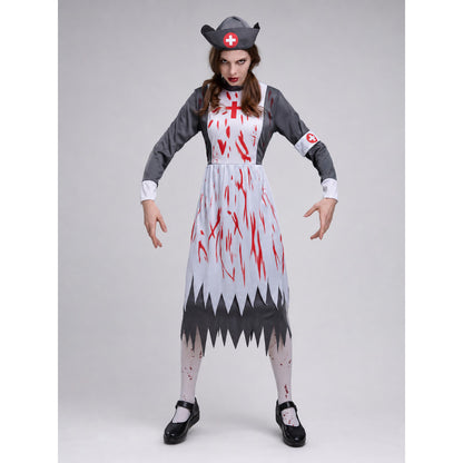 Nurse Costume with Red Crosses and Blood-Like Prints