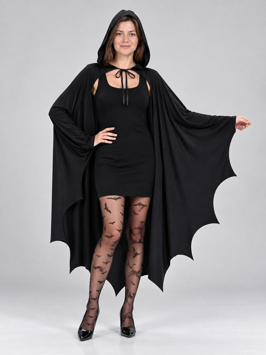 Woman wearing a black hooded bat wing cape cloak with neck ties and scalloped bat-wing hem, front view