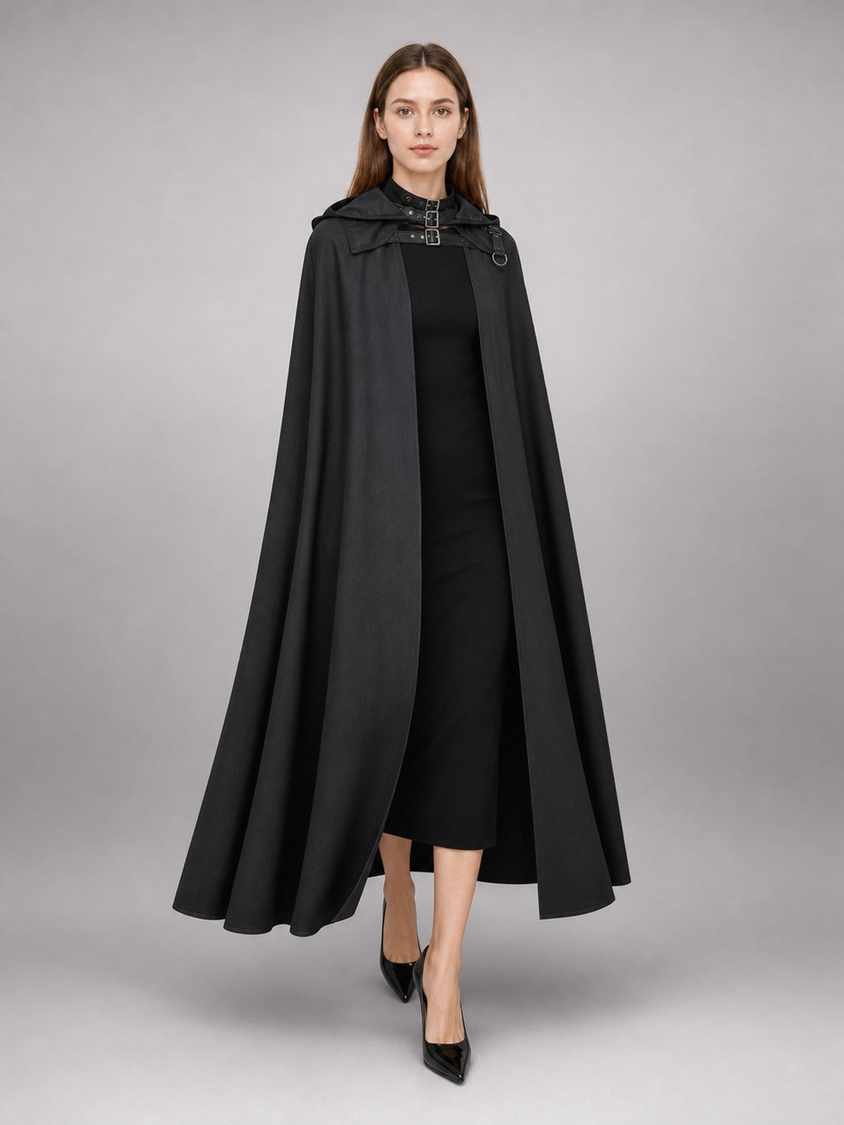 Black Medieval Hooded Carnival Cloak front view