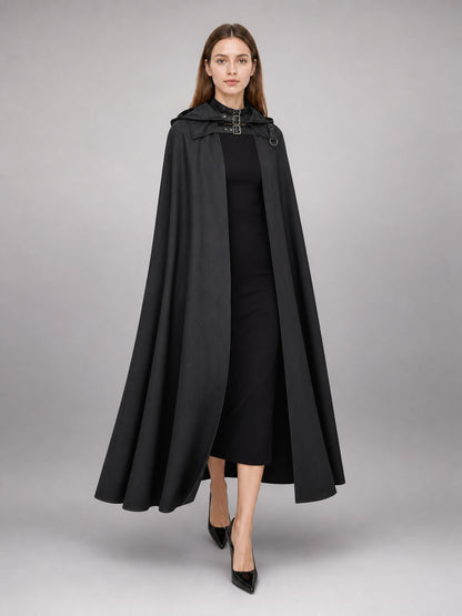 Black Medieval Hooded Carnival Cloak front view