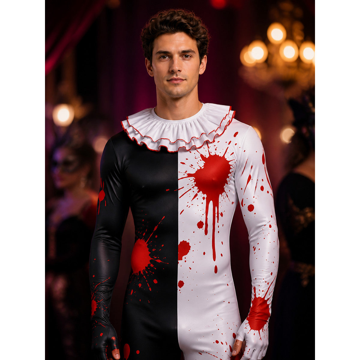 Unisex Clown Cosplay Jumpsuit with Blood Splatter, Ruffled Collar, and Black & on-model view