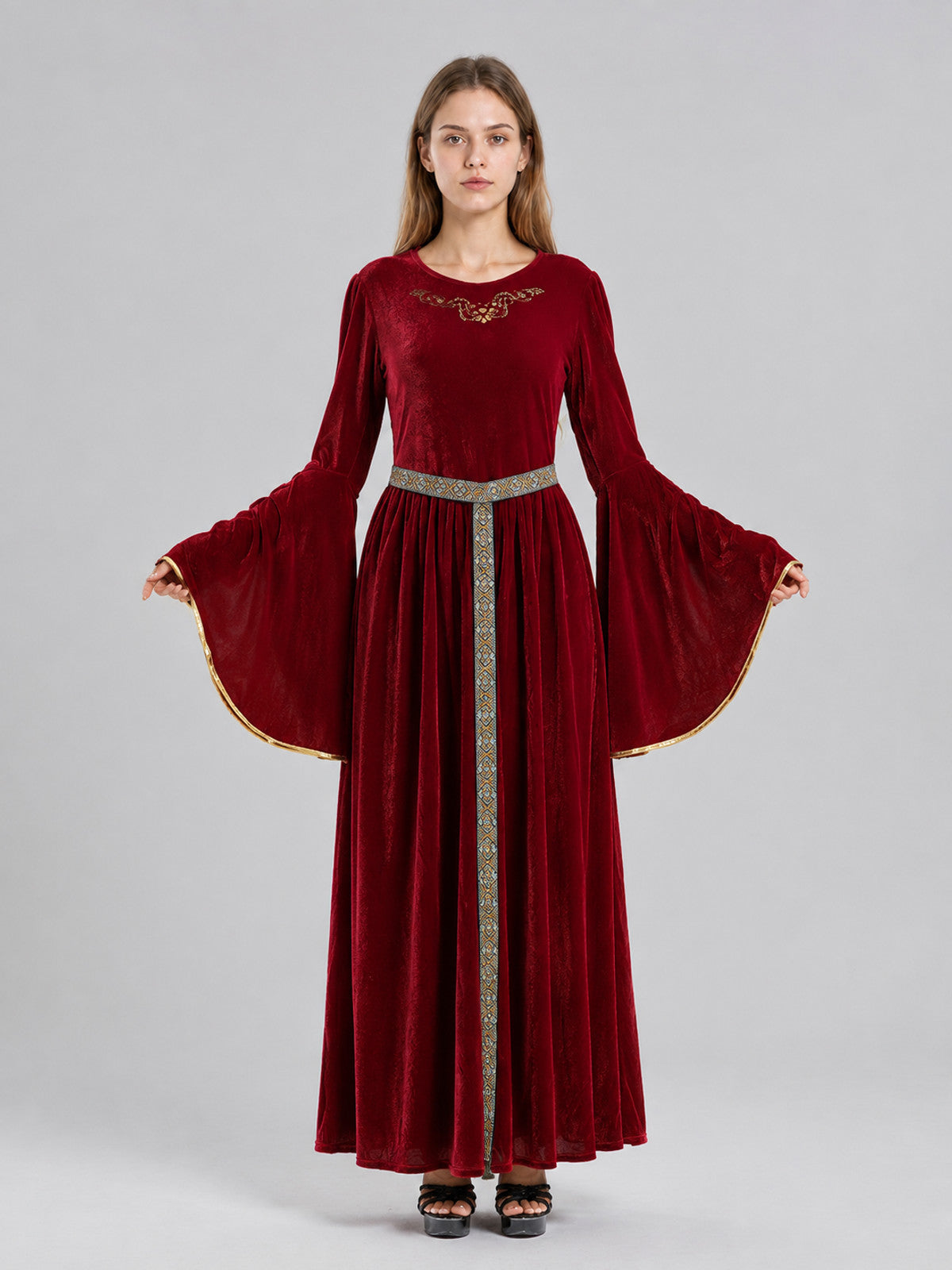 Burgundy Maxi Dress in a Medieval Style with Belt on-model view