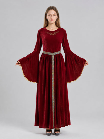 Burgundy Maxi Dress in a Medieval Style with Belt on-model view