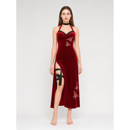 Qipao-style cosplay costume: red dress with holster