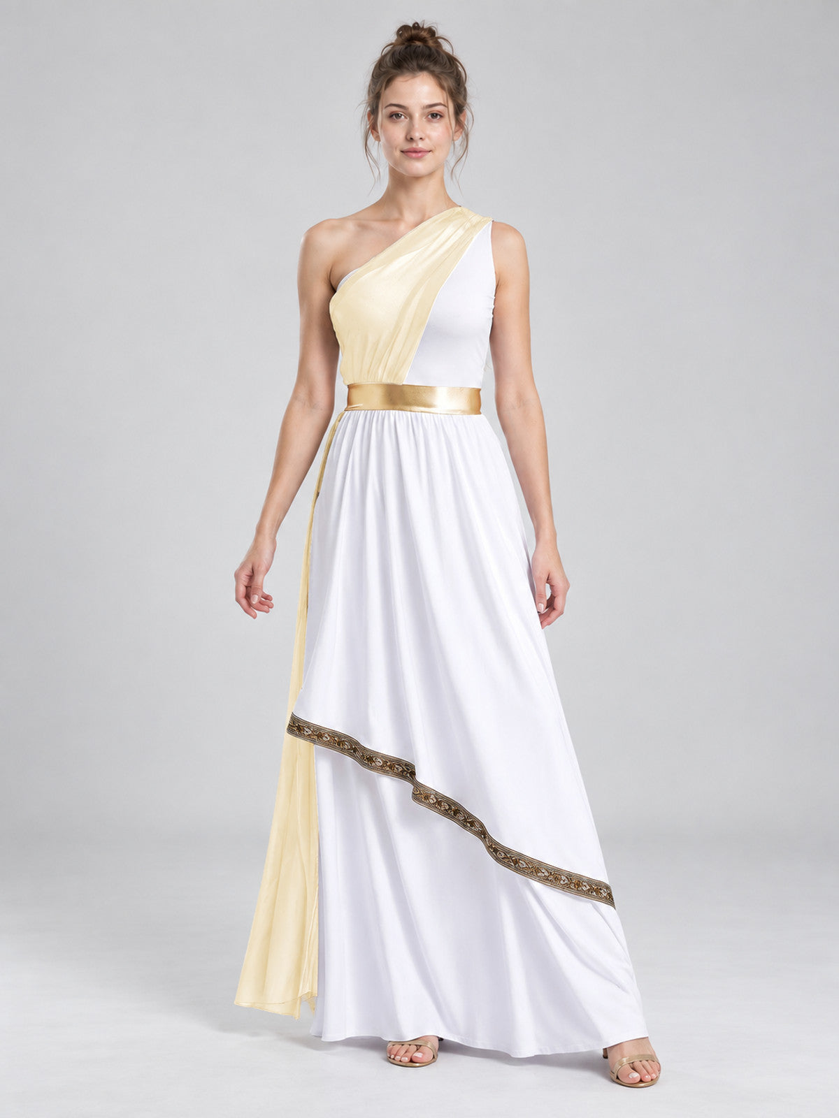 Floor-Length One-Shoulder Dress with Drapery and Belt