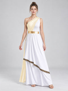 Floor-Length One-Shoulder Dress with Drapery and Belt