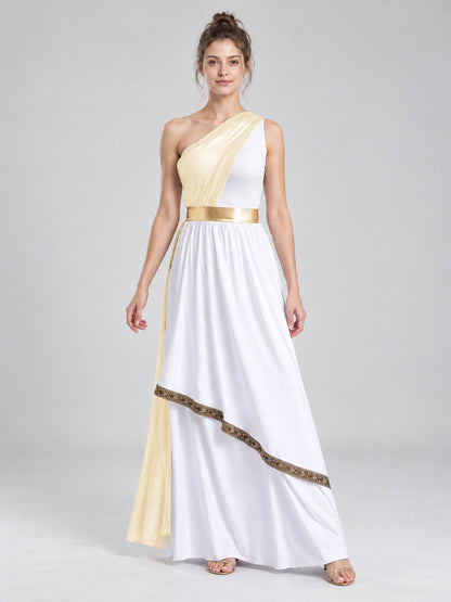 Floor-Length One-Shoulder Dress with Drapery and Belt