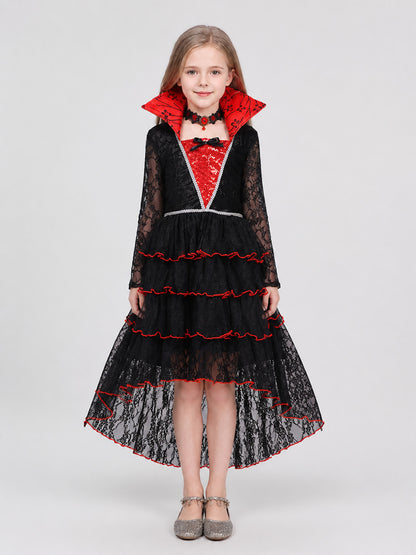 Black Halloween Dress with Red Trim and Lace on-model view