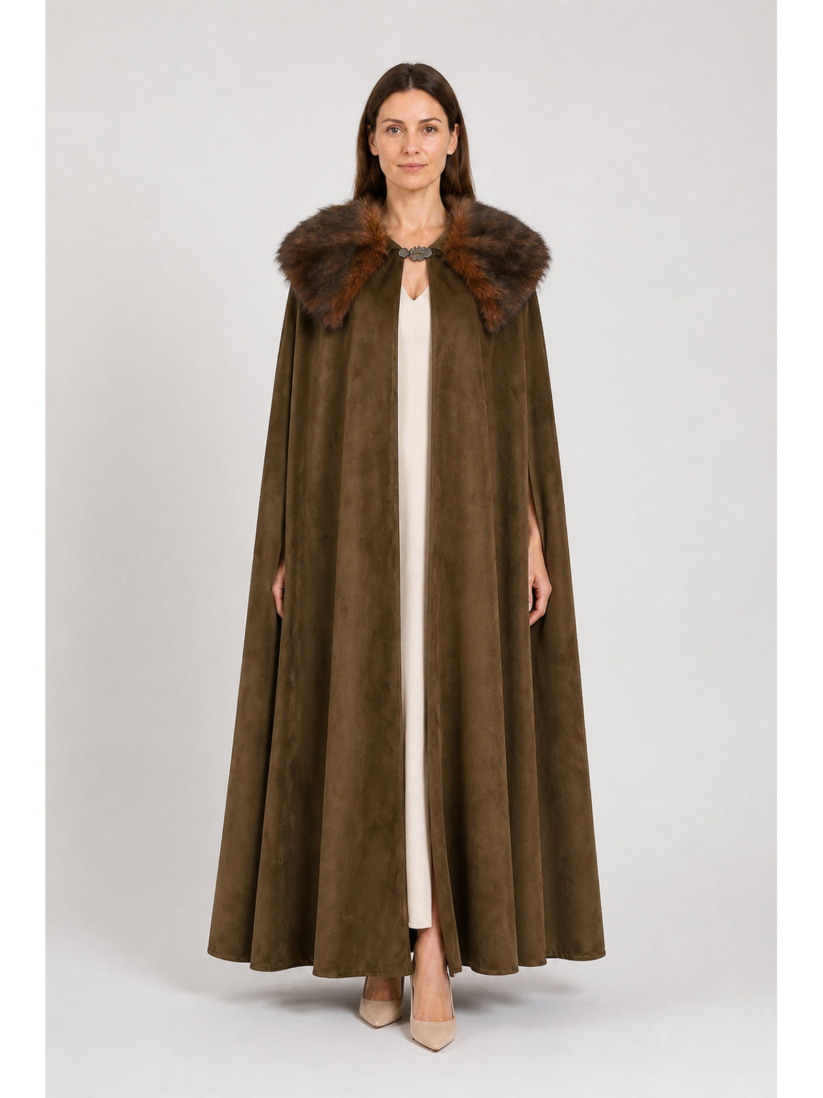Long Open-Front Cape with Fur Collar, Brown