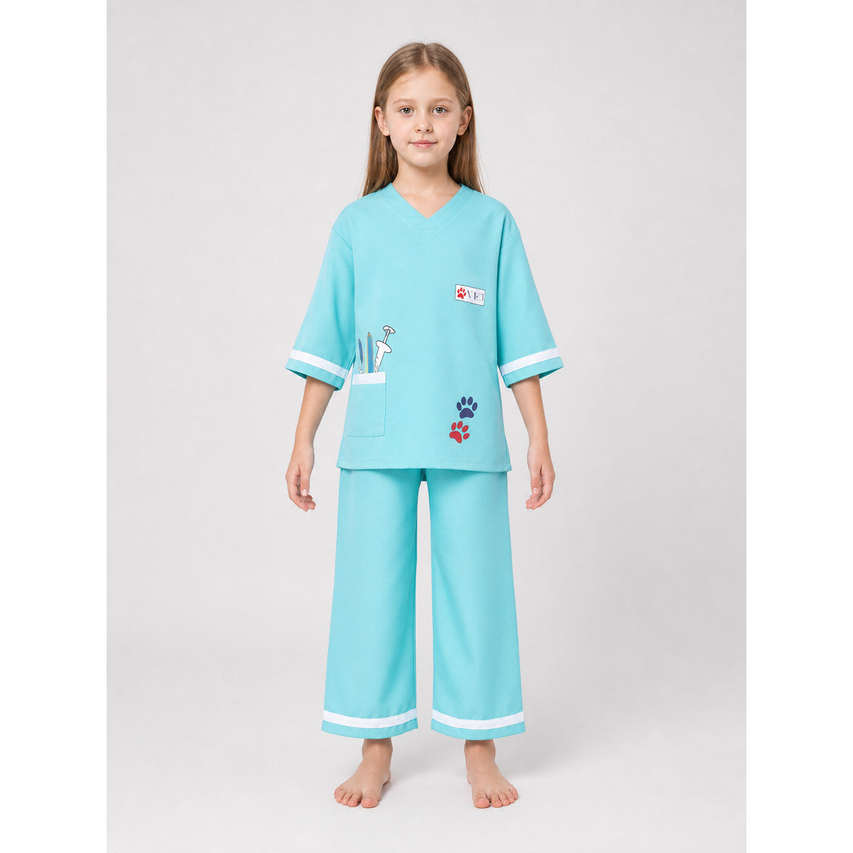 Veterinarian Medical Uniform Role-Play Costume: The set includes a short-sleeve V-neck top with a patch chest pocket and loose-fitting pants with white trim stripes along the bottom edge. The costume is light turquoise with white accents an