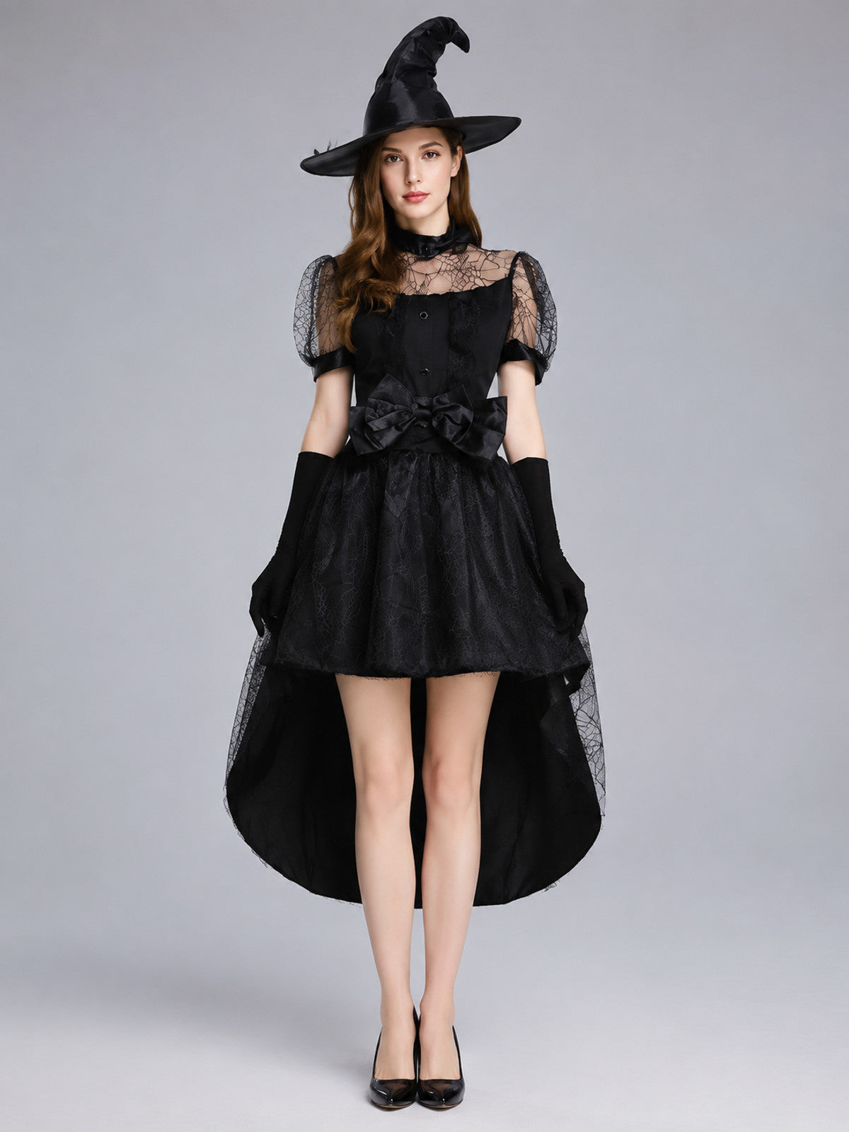 Black Witch Costume with Train on-model view