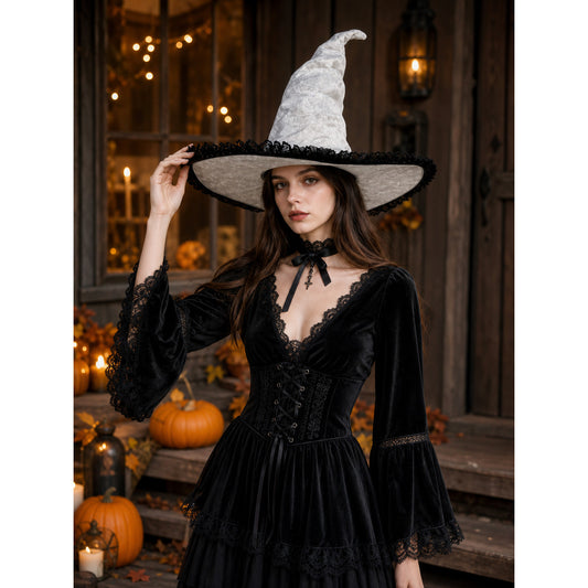 Light Gray White Halloween Witch Hat with Black Lace Trim, Tall Bent Pointed Crown and Wide Brim for Witch Cosplay Costume Party