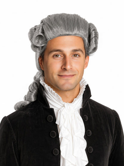 Gray costume wig with swept-back front, curled side rolls, and tied wavy ponytail, shown on a model in close portrait