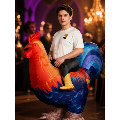 Adult Rooster Costume With Large Tail And Red Comb, Feather Texture Halloween on-model view