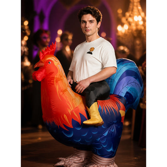 Adult Rooster Costume With Large Tail And Red Comb, Feather Texture Halloween on-model view