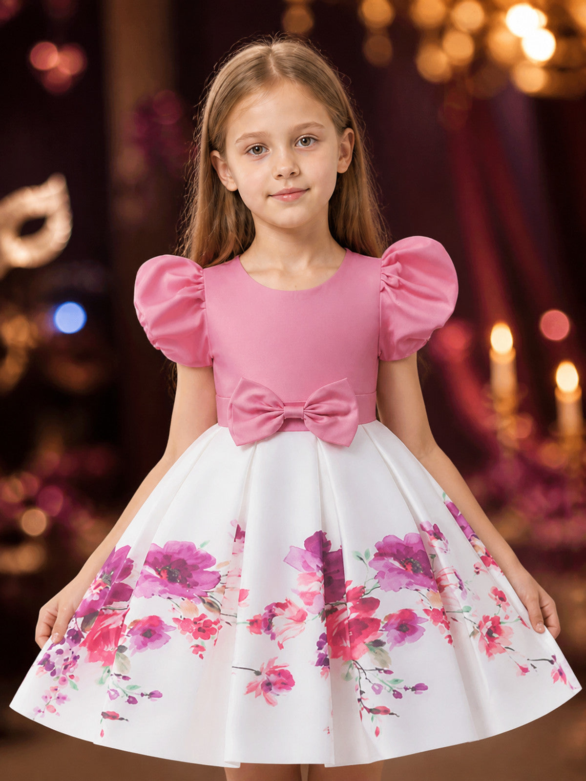 Girls' Princess Dress, Puff Sleeve Floral Print Bow Puffy Skirt Gown on-model view