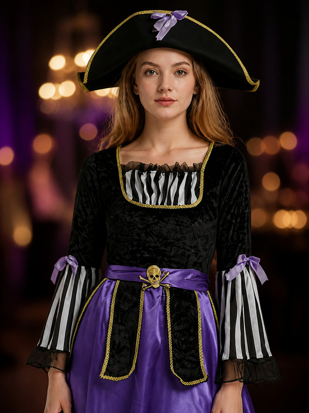 Women's Pirate Costume Set With Hat, Belt, Skull Details, Halloween Outfit on-model view