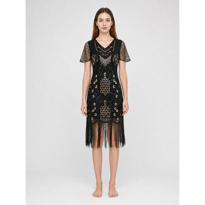 1920s Retro-Style Dress with Fringe and Sequins front view