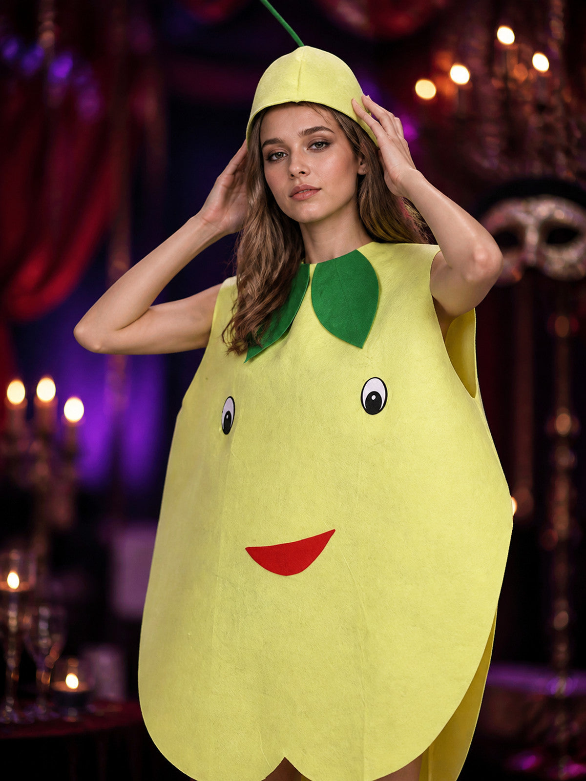 One-Piece Cartoon-Style Pear Costume for Performances on-model view