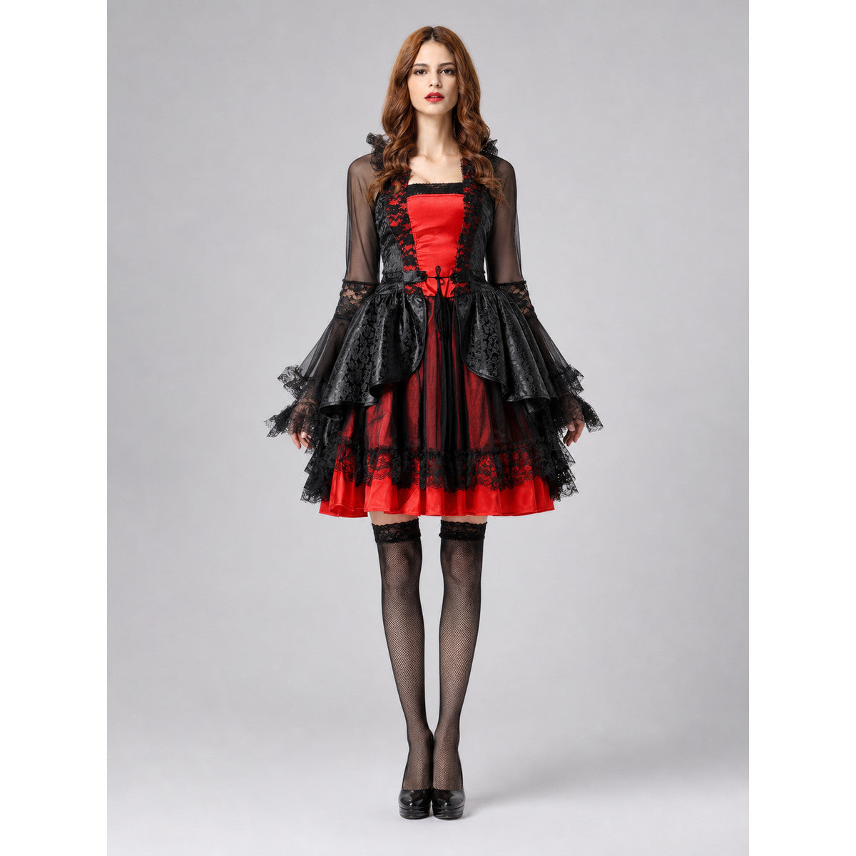 Gothic Vampire Costume: Dress, Cape, and Belt on-model view