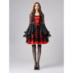Women's Gothic Vampire Queen Costume: Black and Red Lace Dress, Sheer Jacket & Belt