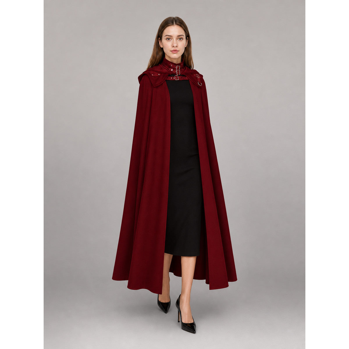 Burgundy Carnival Cloak with Hood front view