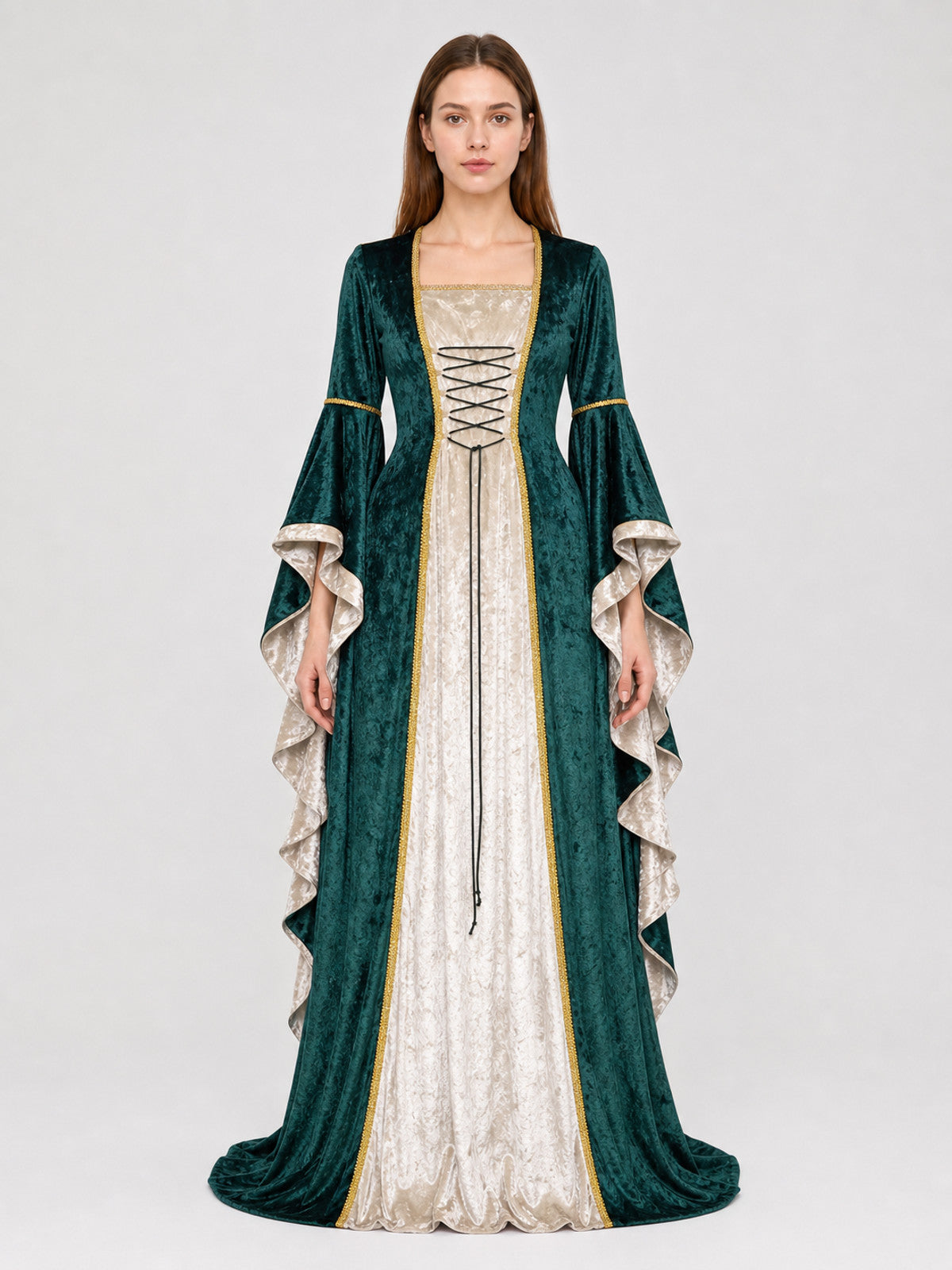 Medieval Renaissance-Style Dress with Train front view