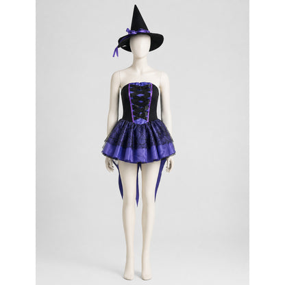 Long Witch Dress with Hat, Black and Purple, Cosplay on-model view