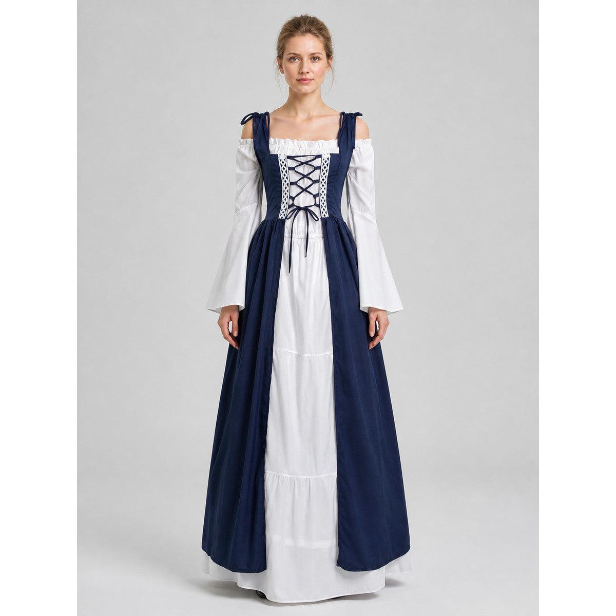 Retro Stage Dress with White Sleeves, Blue, M-XXL