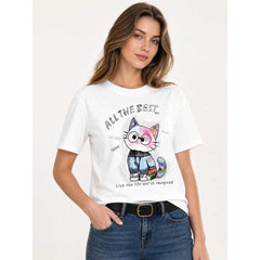 White short-sleeve T-shirt with a party print