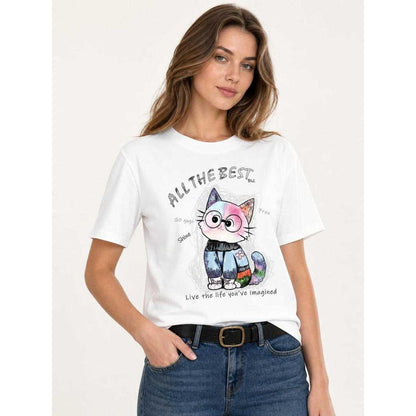 White short-sleeve T-shirt with a party print on-model view