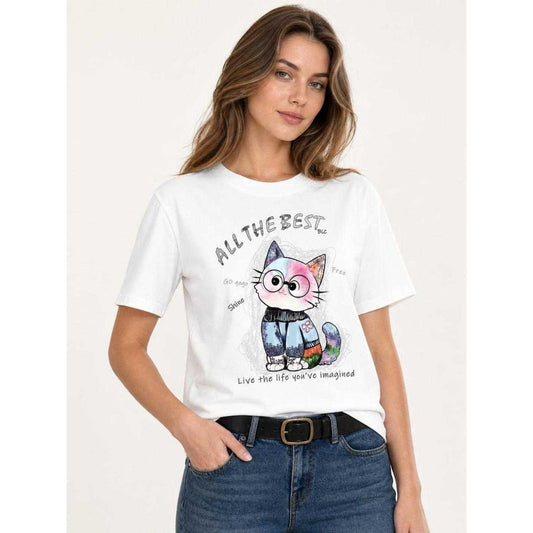 White short-sleeve T-shirt with a party print on-model view