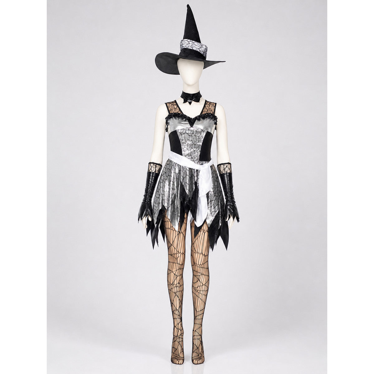 The witch costume is designed in a black, silver, and white color scheme and